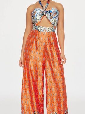 Fashion Nova Orange Halter Cutout Jumpsuit with Printed Bodice